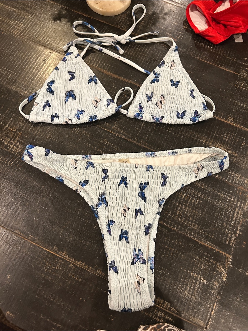SHEIN White & Blue Butterfly Print Smocked Triangle Bikini